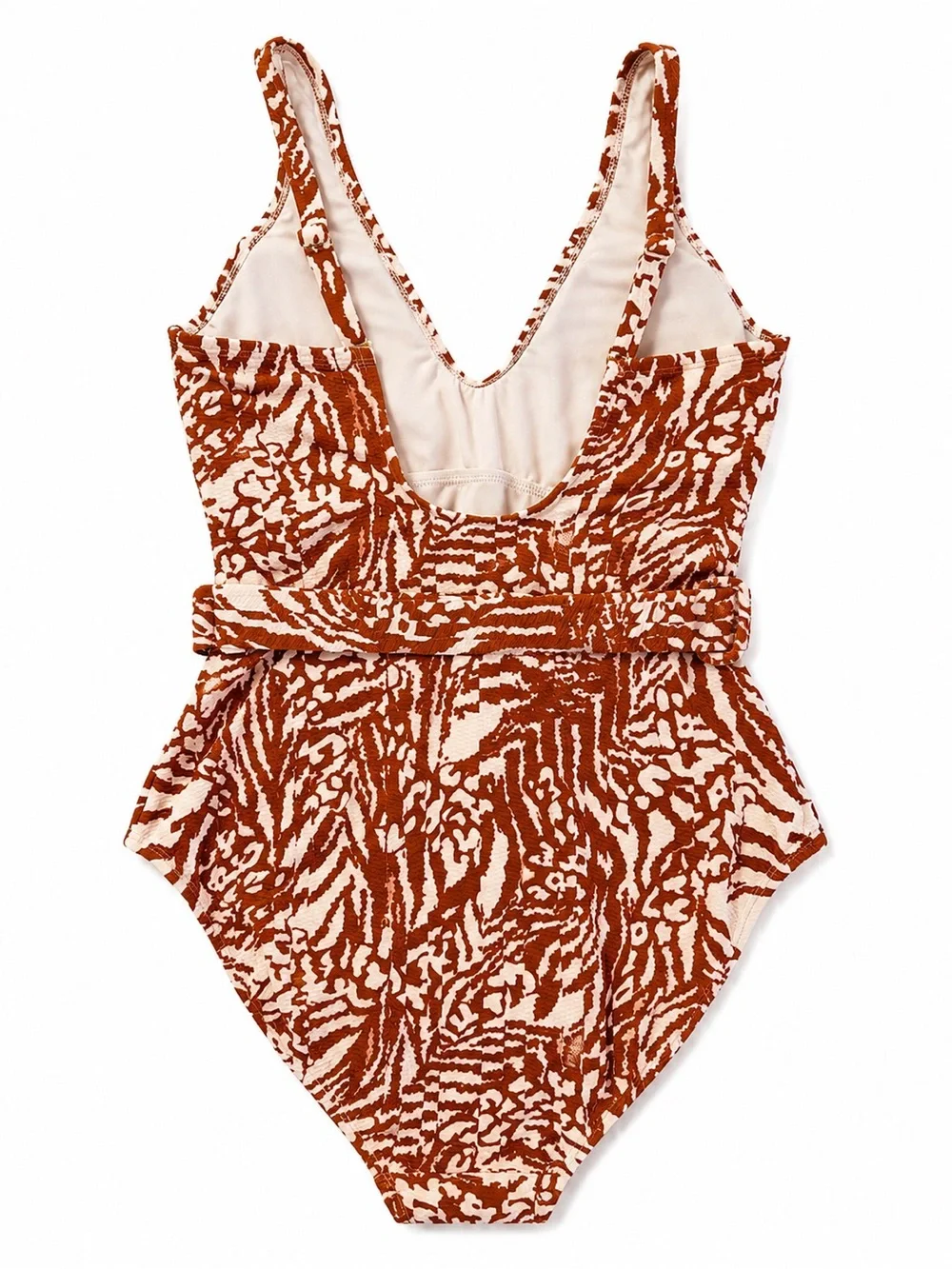Time and Tru One Piece Swimsuit Belted Brown Cream Print Size L NWT